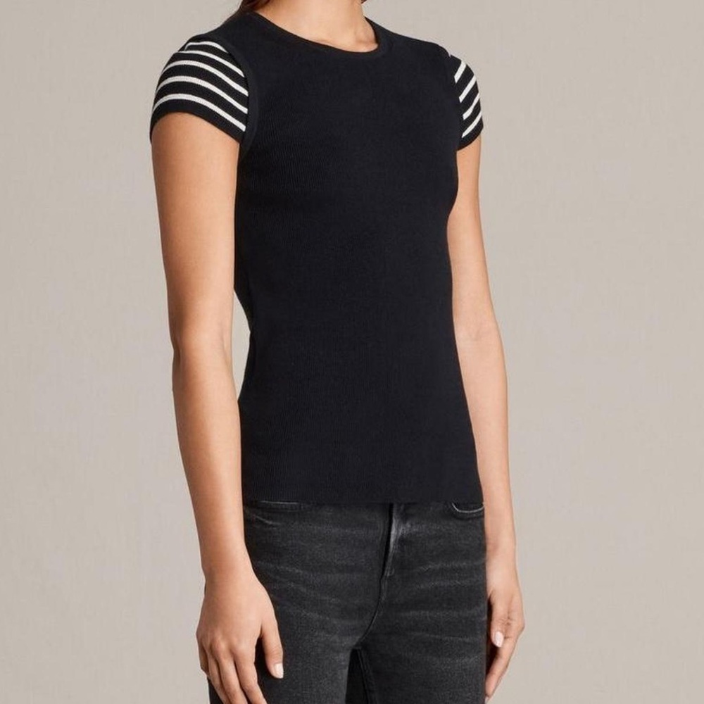 All Saints Black Short-Sleeve Knit Top with Striped Cap Sleeves